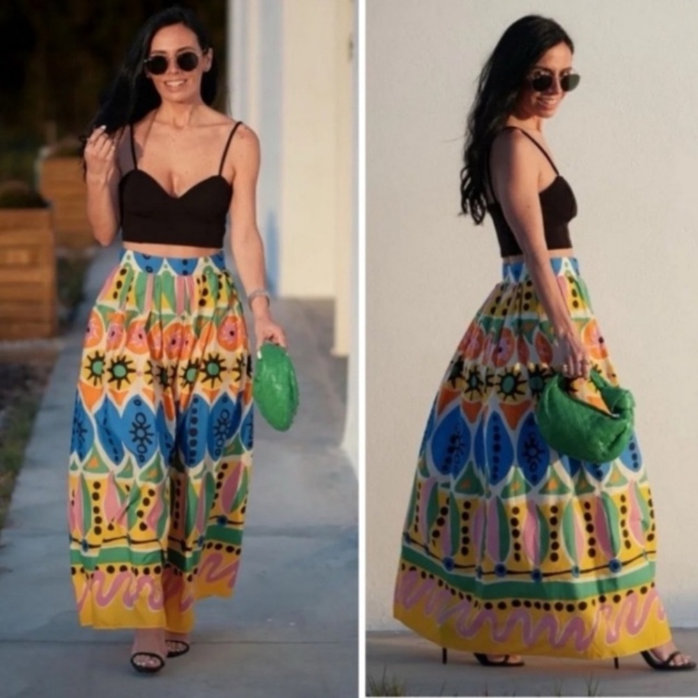 ZARA Colorful Cotton Abstract Batik African Print Pleated Maxi Skirt - Picture 7 of 13